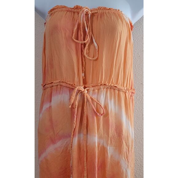En Creme Orange White Tie Dyed Strapless Maxi Dress S Boho Flowy Drawstring Soft - Picture 2 of 4